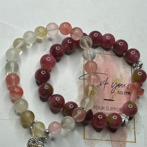 Strawberry Quartz & Rose Quartz Heart Charm Bracelets - Picture 3 of 3